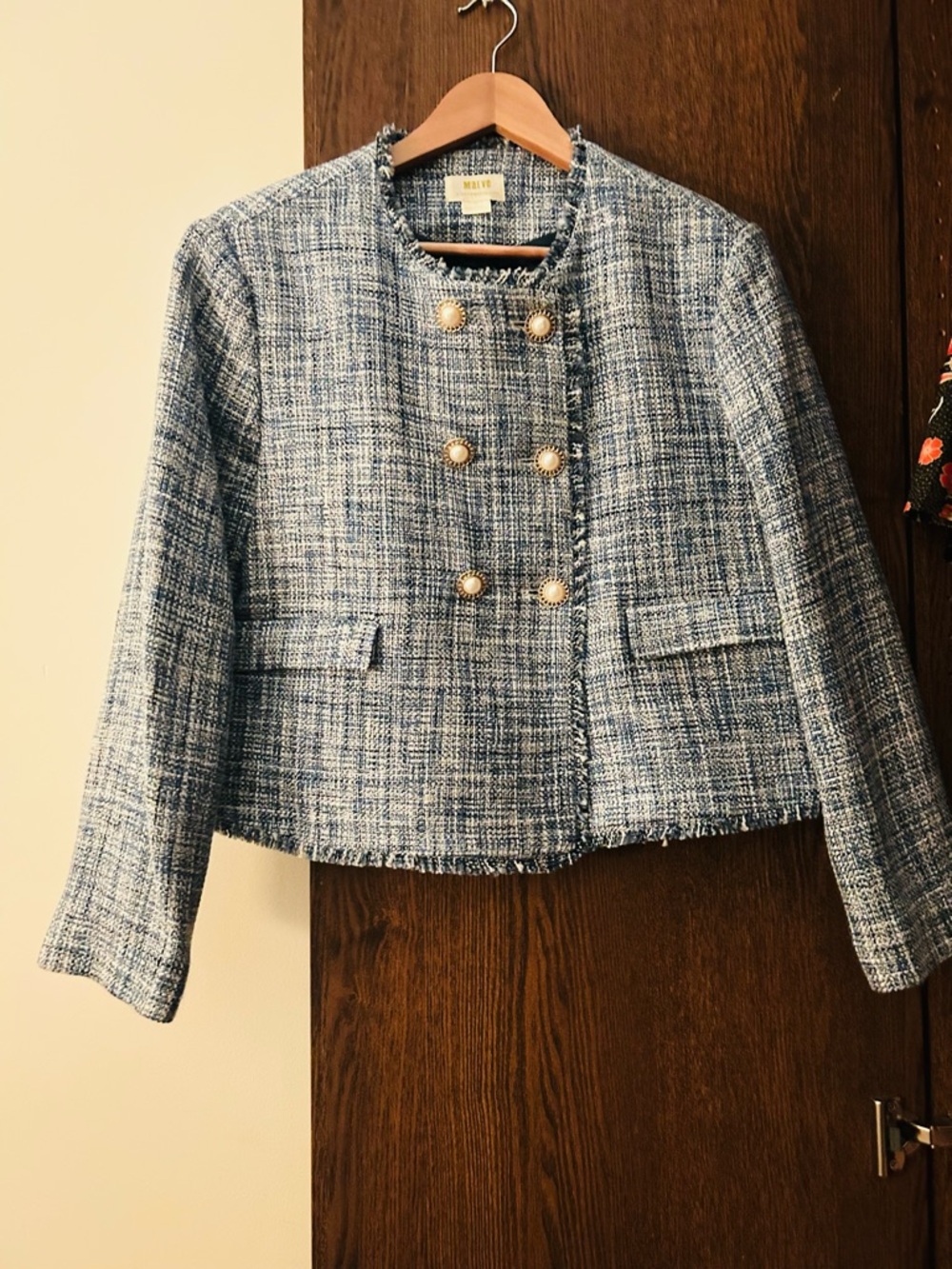 Maeve - Anthropologie Blue Tweed Double-Breasted Cropped Jacket